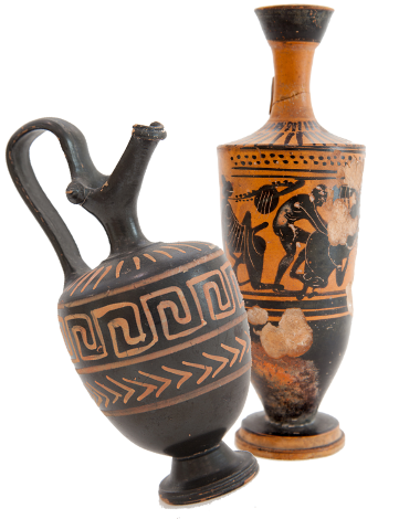 Due anfore di ceramica greca antica decorate con motivi geometrici e figure.