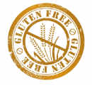 Icona rotonda con scritta "Gluten Free" e grano barrato al centro.