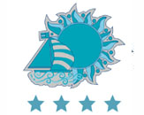 Icona con una barca a vela e sole stilizzati sopra quattro stelle.